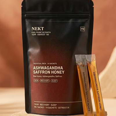 NEKT Ashwagandha Saffron Honey — Ritual Pack (14 sachets), black pouch with two sachet sticks