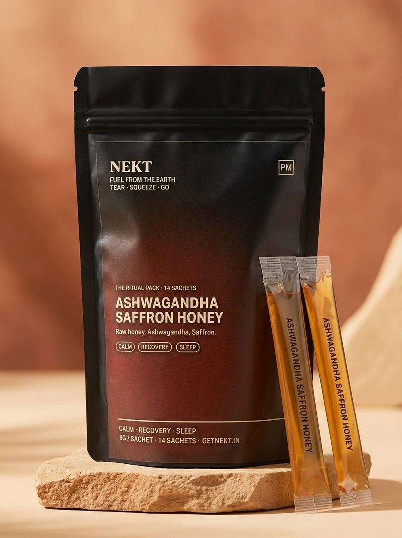 NEKT Ashwagandha Saffron Honey — Ritual Pack (14 sachets), black pouch with two sachet sticks