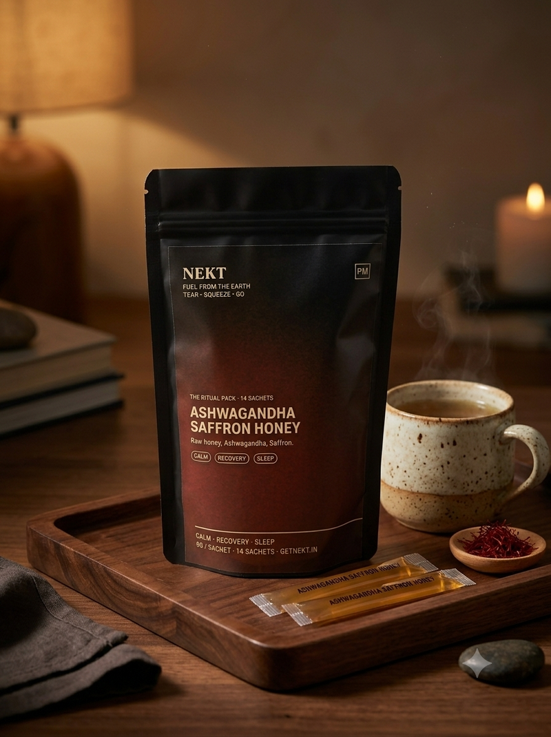 NEKT Ashwagandha Saffron Honey styled evening lifestyle shot with tea and candlelight