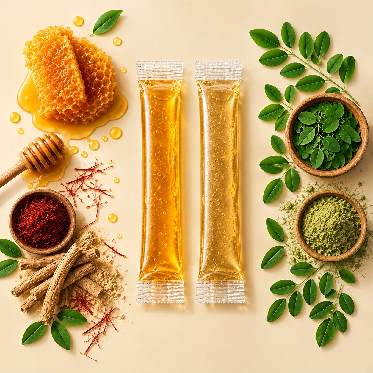 NEKT Moringa and Ashwagandha-Kesar honey sachets with their raw ingredients