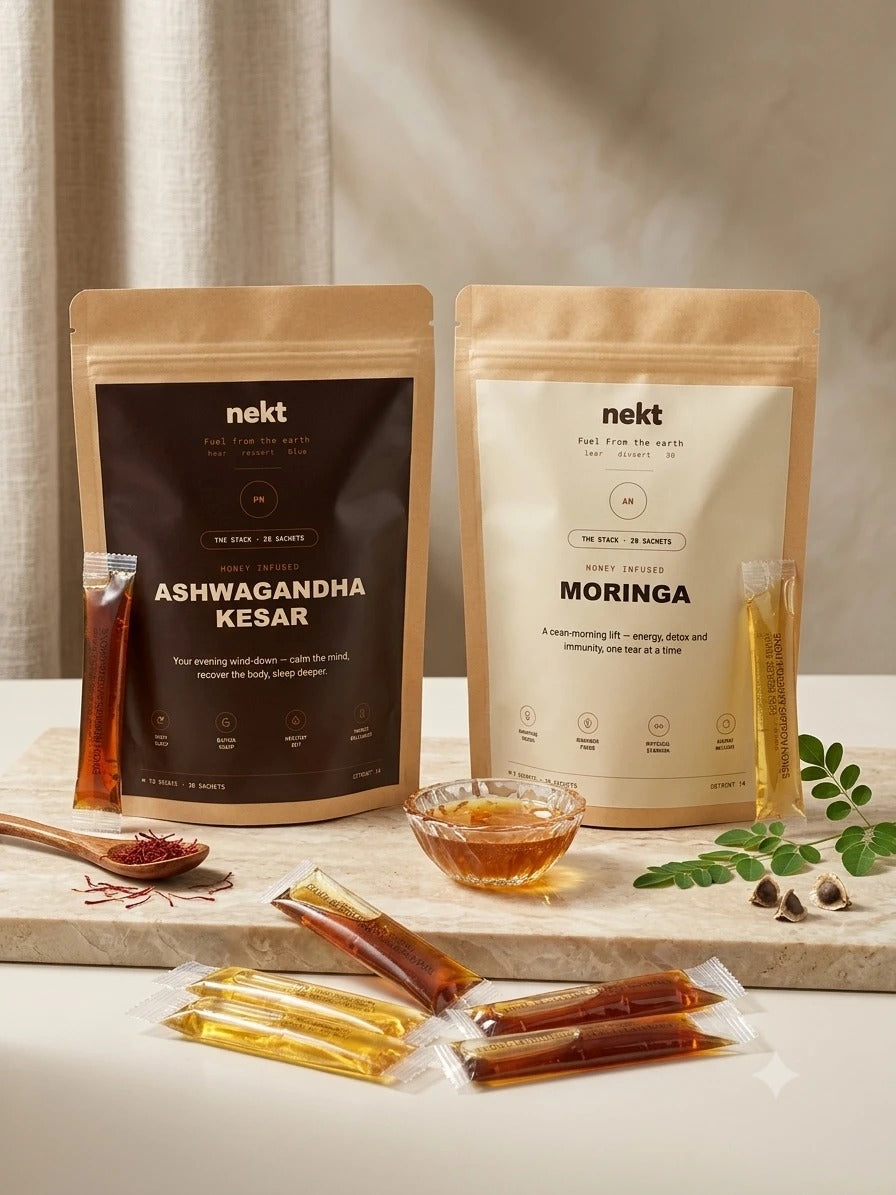 Day & Night Ritual Pack ( Moringa + Ashwagandha Kesar Honey ) — Moringa and Ashwagandha-Kesar honey pouches with loose sachets
